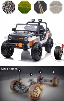 Kinderfahrzeug Geländeauto Hercules 100Kg Tragkraft Kind & Erwachsenen 12V 10 Ah Kinder elektro Auto Kinderauto 4WD Allrad USB EVA Gummiräder Ledersitz SW