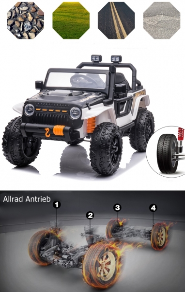 Kinderfahrzeug Geländeauto Hercules 100Kg Tragkraft Kind & Erwachsenen 12V 10 Ah Kinder elektro Auto Kinderauto 4WD Allrad USB EVA Gummiräder Ledersitz SW