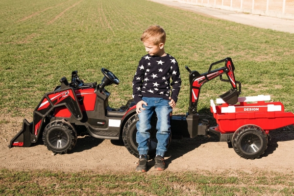 Kinderfahrzeug Traktor Ultimate X2 24V mit Front/Hecklader und Anhänger 2m länge Elektrotraktor Kinderauto Kindertraktor rot